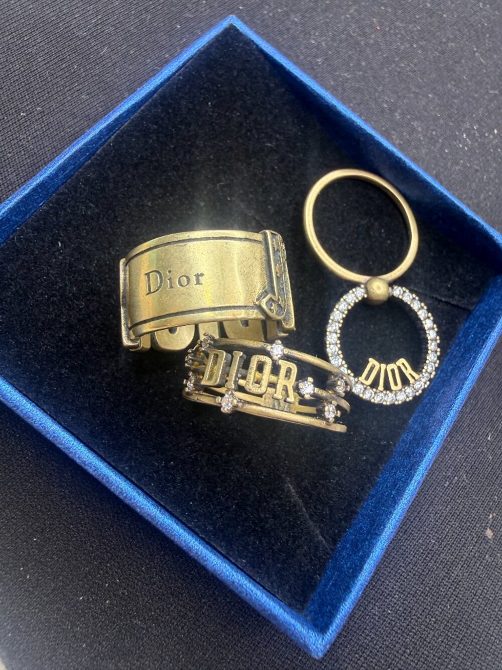 Gold Tone Ring Set of 3 – Letter Band, Crystal Circle & Wide Band